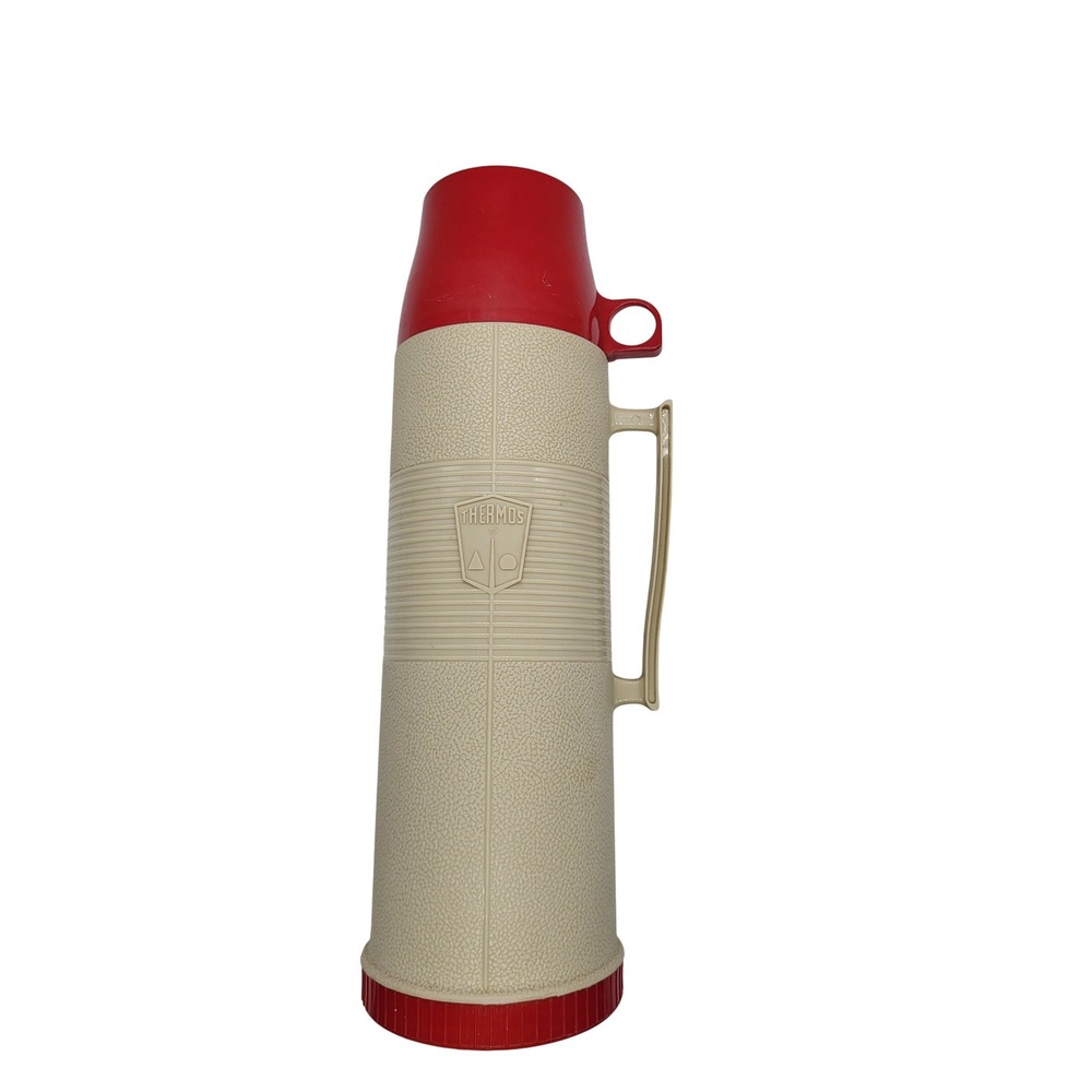 Vintage Thermos 2402 1 Qt Vacuum Bottle Tan Red Insulated‎ Picnic Carafe 3 Cups